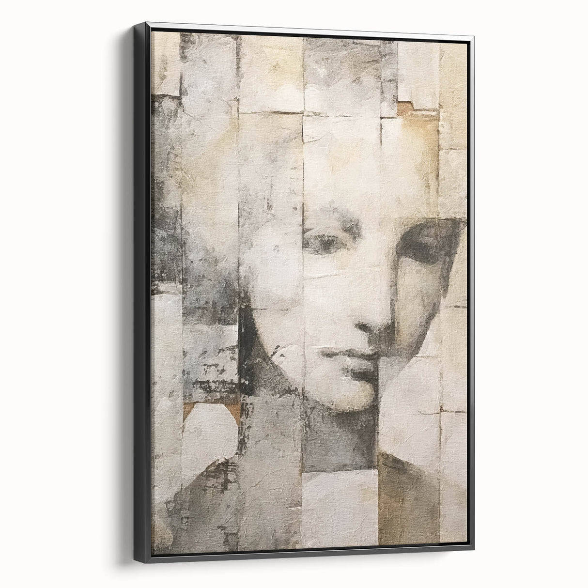 Framed abstract figurative wall art in black, showcasing fluid shapes and dynamic lines, displayed from the side to highlight its modern design and depth.