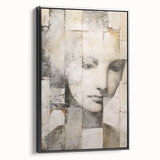 Framed abstract figurative wall art in black, showcasing fluid shapes and dynamic lines, displayed from the side to highlight its modern design and depth.