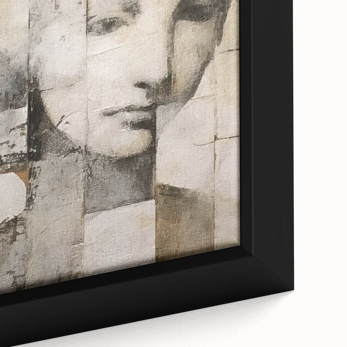 Close-up of an abstract figurative wall art piece featuring vibrant colors and intricate textures, elegantly framed for modern decor, perfect for artistic interiors.