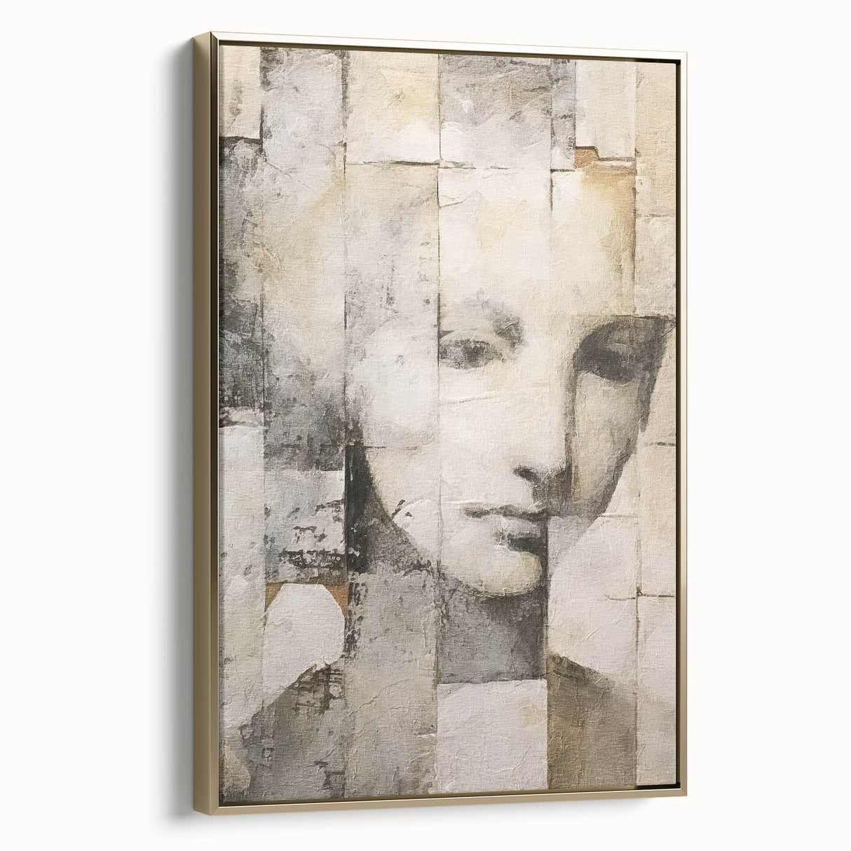 Framed abstract figurative wall art featuring gold accents against a textured canvas, showcasing a modern design perfect for home décor. Ideal for enhancing contemporary interiors.