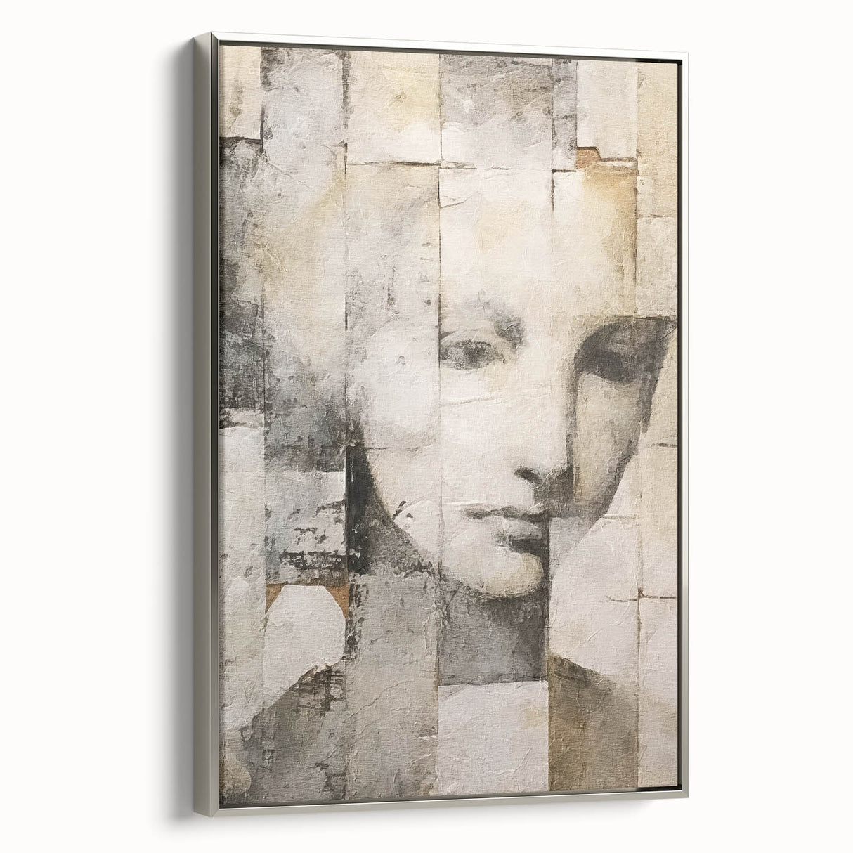 Framed abstract figurative wall art in silver, showcasing vibrant colors and fluid shapes, perfect for modern home decor. Side view highlights the sleek frame design.