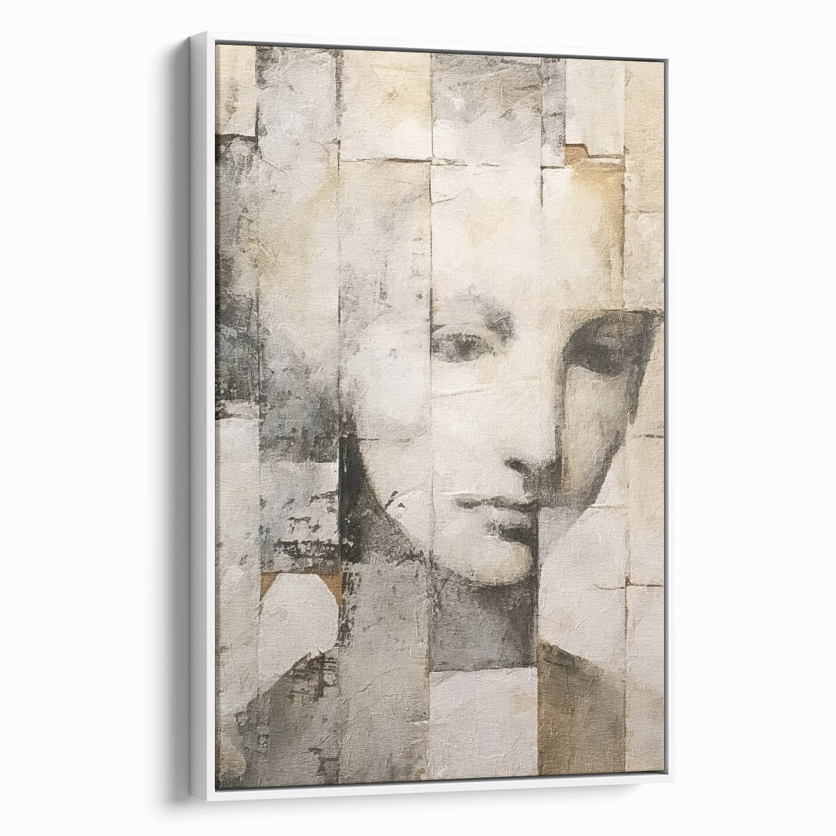 Abstract figurative wall art in a sleek white frame, showcasing dynamic shapes and soft color gradients, perfect for modern home decor accents.