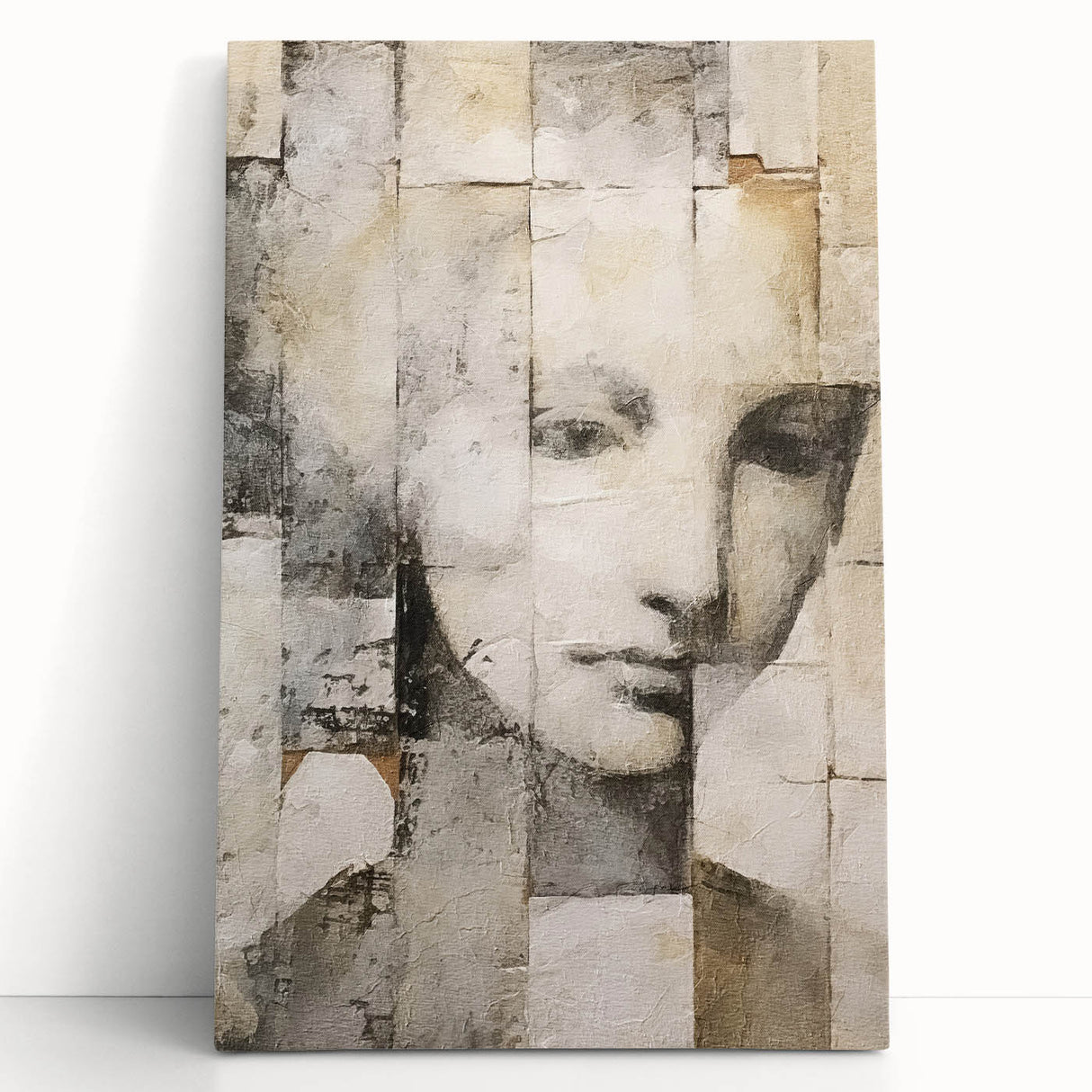 Abstract figurative wall art on stretched canvas, showcasing vibrant colors and dynamic shapes, leaning against a neutral wall, ideal for modern decor.
