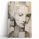 Abstract figurative wall art on stretched canvas, showcasing vibrant colors and dynamic shapes, leaning against a neutral wall, ideal for modern decor.