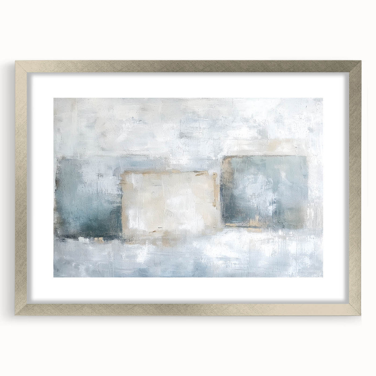 Abstract geometric silver frame with a mat, showcasing modern design elements, ideal for enhancing contemporary home decor and artwork presentation.