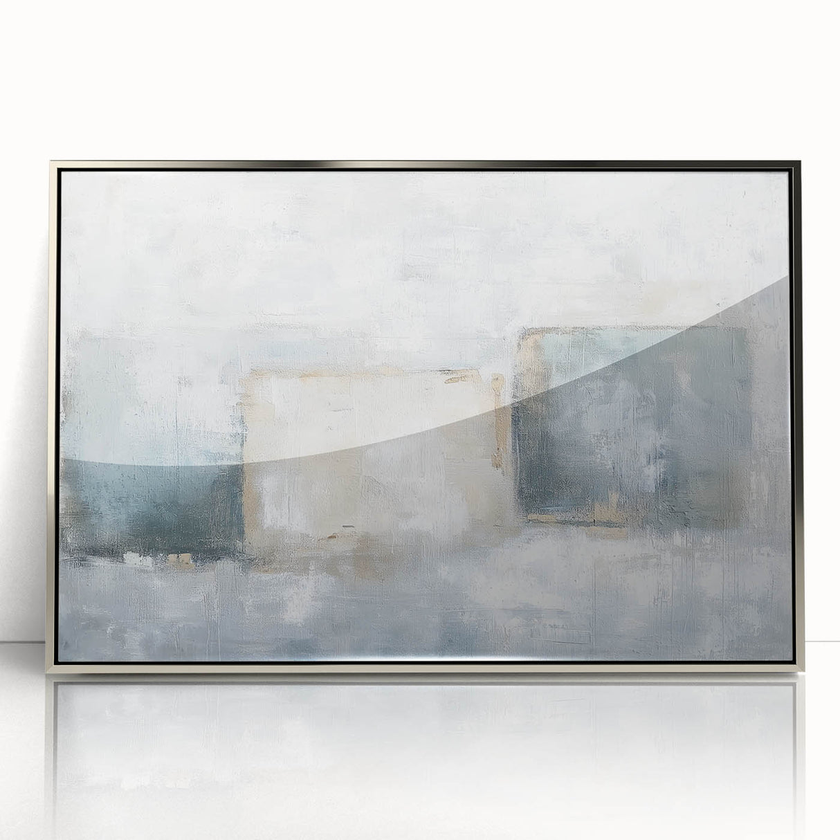 Framed acrylic artwork featuring an abstract geometric design in silver tones, ideal for modern home decor. The sleek frame enhances its contemporary aesthetic.