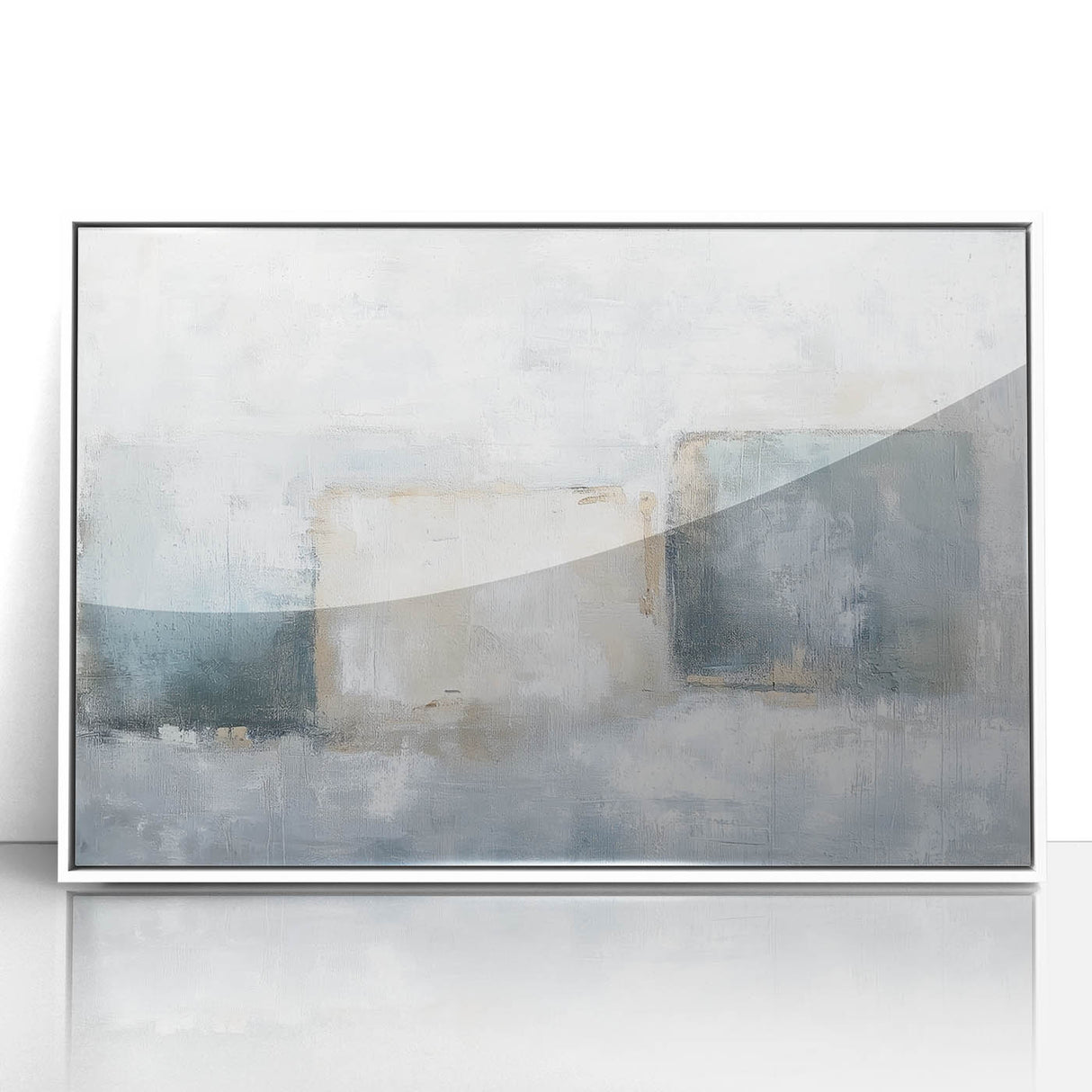 Framed acrylic wall art featuring a modern abstract geometric design in white and gray tones, ideal for contemporary home decor and stylish interiors.