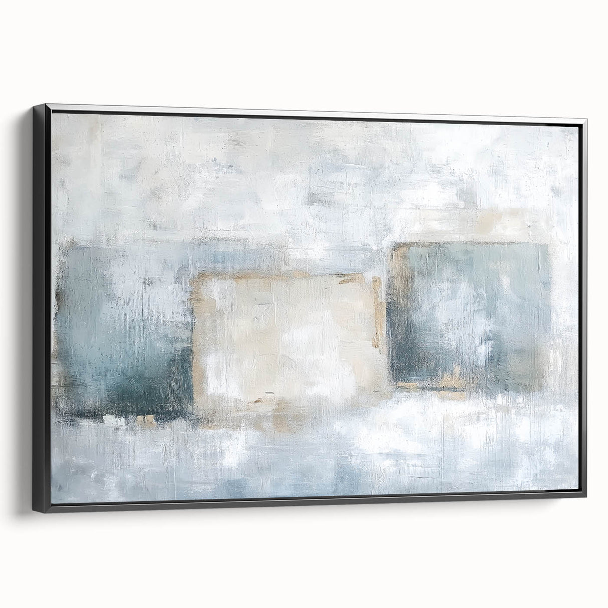 Framed abstract geometric canvas art in black, showcasing modern design with sharp lines and angles, ideal for contemporary home decor, viewed from the side.