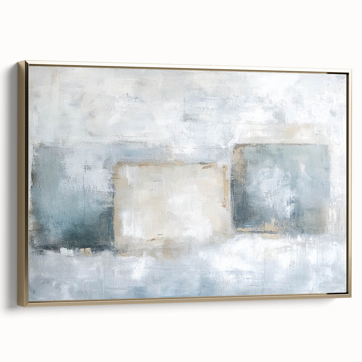 Framed abstract geometric canvas art in gold tones, showcasing modern design elements with a sleek side profile. Ideal for contemporary home decor.