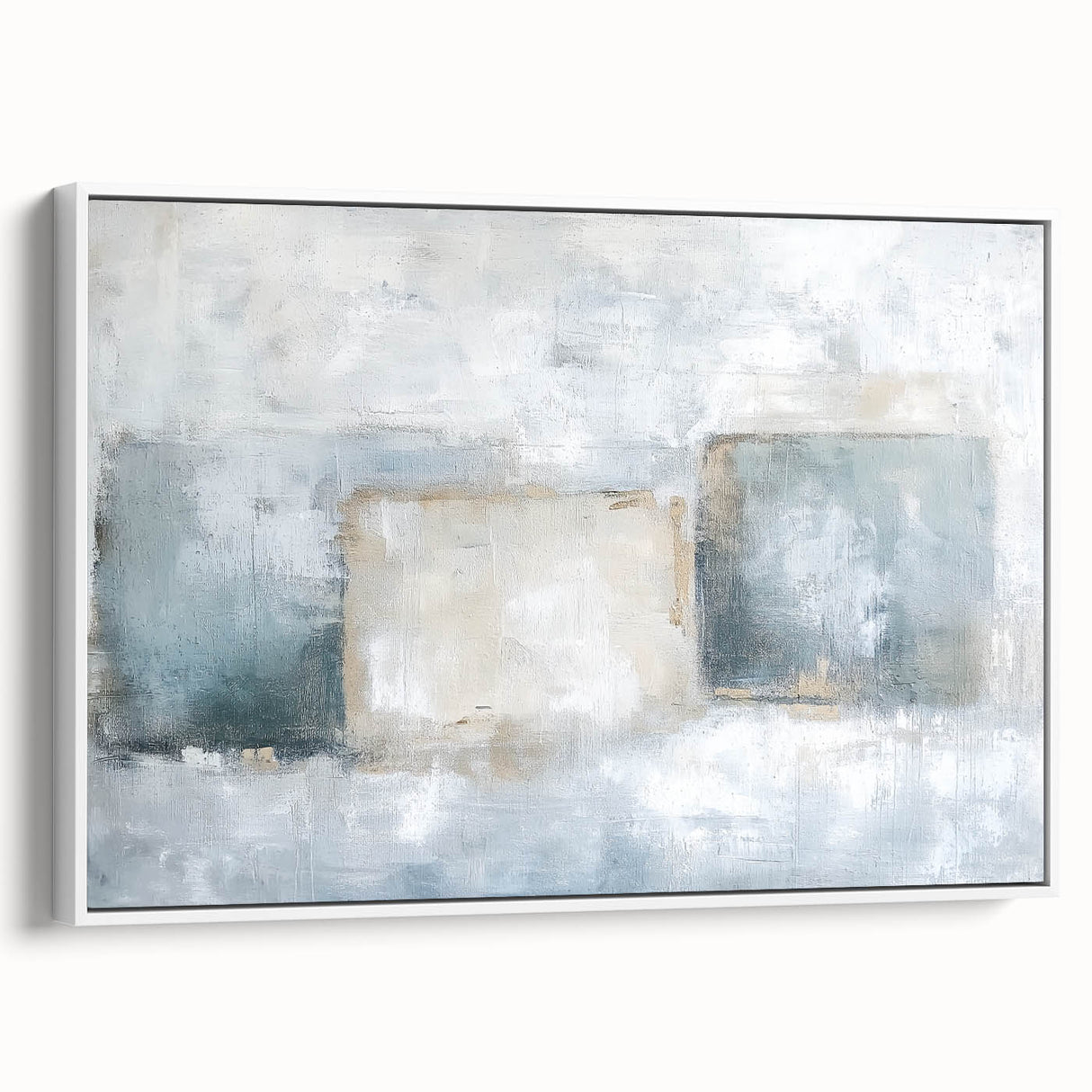 Framed abstract geometric canvas art featuring a modern design with predominantly white tones, showcased from a side view to highlight its sleek edges and minimalist aesthetic. Ideal for contemporary home decor, this artwork adds a stylish touch to any space.