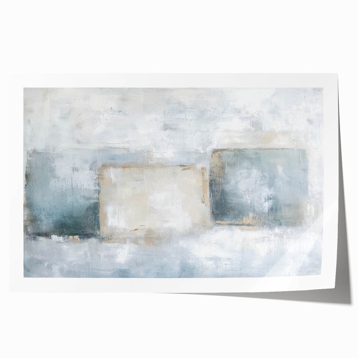Abstract geometric rolled print showcasing vibrant blue and orange shapes against a textured background, ideal for modern decor, packaged securely in a cardboard tube.