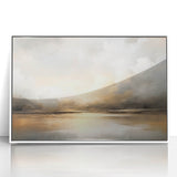 Framed abstract landscape wall art featuring soft pastel colors and fluid shapes, displayed in a sleek white frame, perfect for modern home decor.