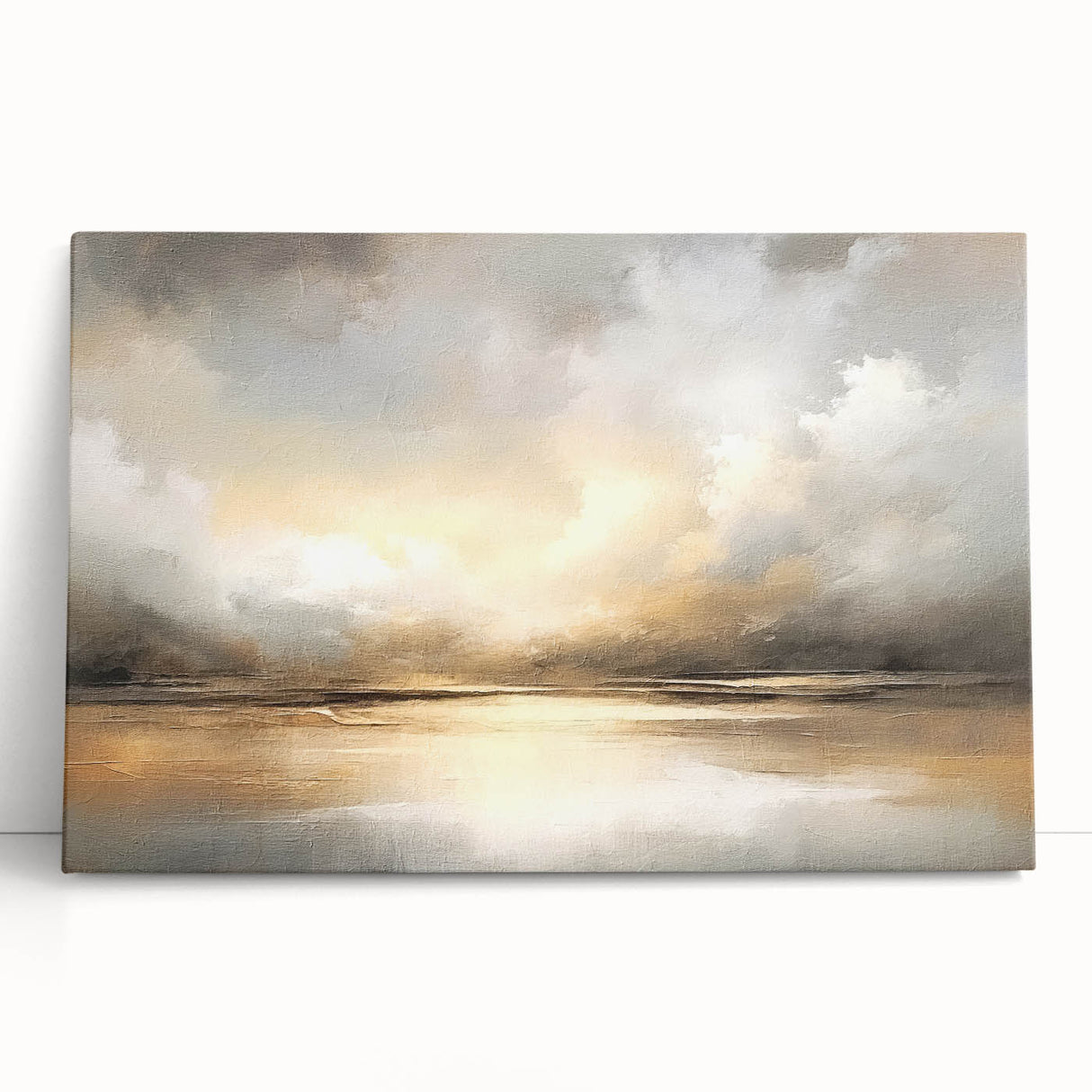 Abstract landscape wall art on stretched canvas, showcasing vibrant colors and dynamic brush strokes, leaning against a neutral wall, ideal for modern decor.
