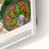 Large abstract wall art depicting assorted food dishes in vibrant colors on acrylic glass, ideal for dining room decor.