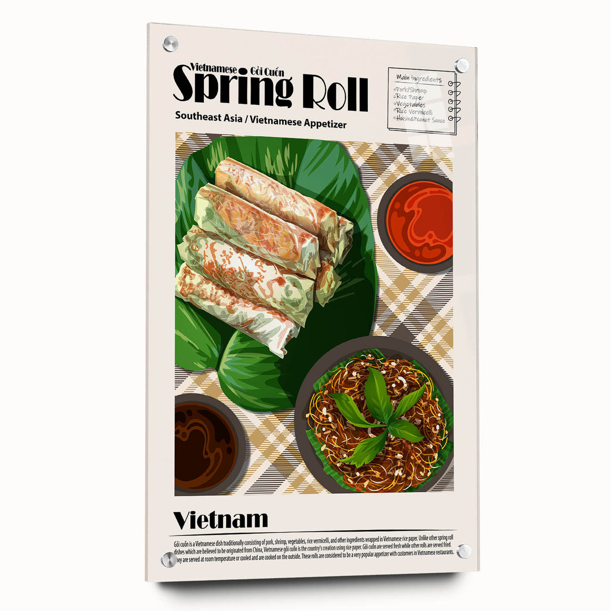 Acrylic print of various food dishes in vibrant colors, suitable for dining room decor.