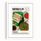 Abstract art print featuring assorted food dishes in soft pastel shades on a white framed mat, ideal for dining room decor.