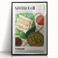 Large abstract wall art featuring assorted food dishes in muted earth tones, framed in black acrylic.