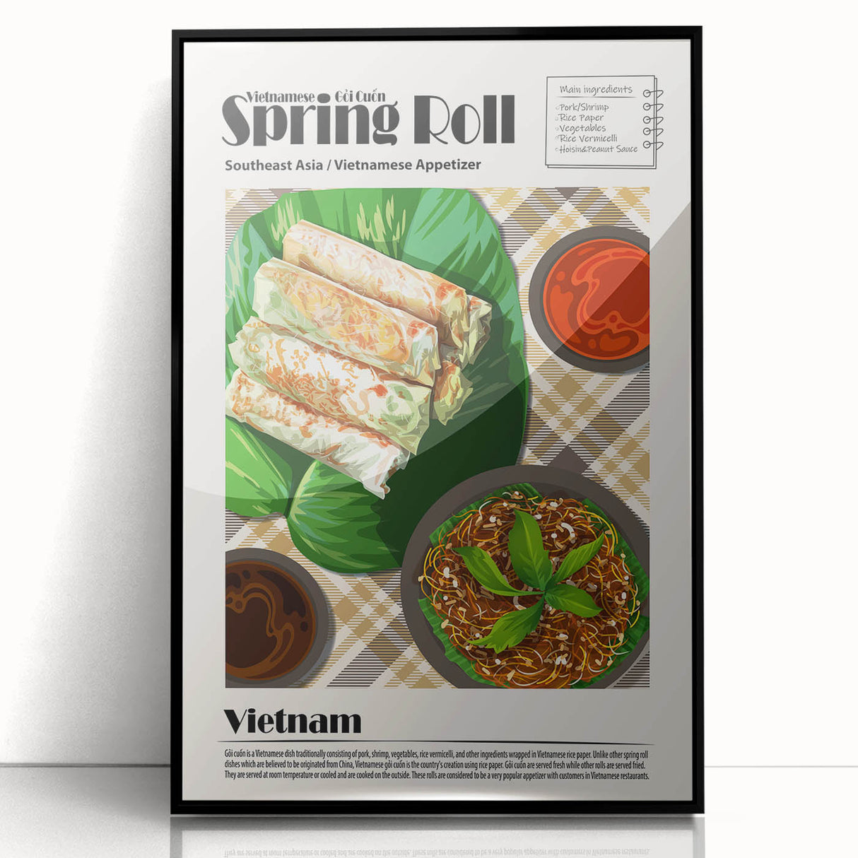 Large abstract wall art featuring assorted food dishes in muted earth tones, framed in black acrylic.