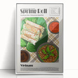 Framed acrylic modern art wall decor featuring a variety of colorful food dishes on a white background.