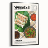 Black and white framed canvas featuring vintage poster art of assorted food dishes, ideal for bedroom wall decor.