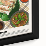 Close-up of a black framed canvas featuring colorful, textured depictions of various food dishes.