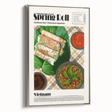 Framed canvas featuring a vintage poster of colorful food dishes, set in a black frame, ideal for kitchen wall decor.