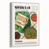 Vintage poster art of colorful food dishes on a white framed canvas, ideal for extra large living room wall.