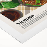 Art deco poster featuring an array of colorful food dishes on a rolled canvas, ideal for dining room decor.