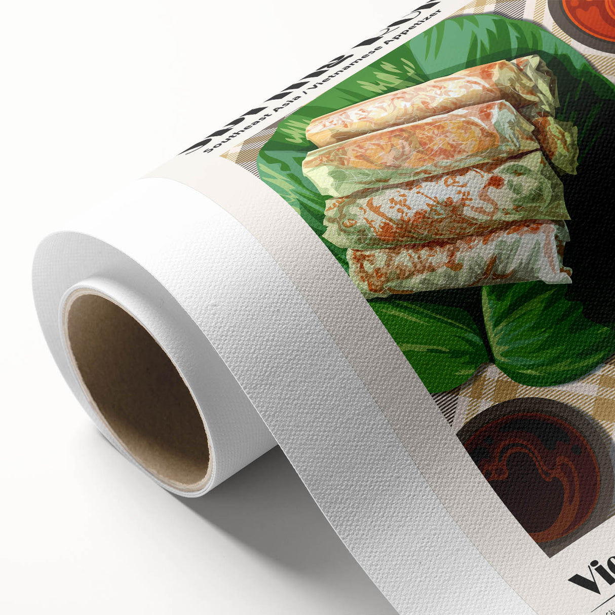 Art Deco poster of various colorful food dishes on rolled canvas, suitable for dining room wall art.