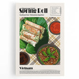 Black and white stretched canvas featuring an array of various food dishes, ideal for kitchen wall art.