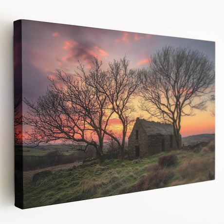 Landscape canvas artwork showcasing a rustic barn scene with vibrant colors and intricate details, perfect for home decor or wall display. This stretched canvas adds a charming touch to any interior space.