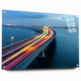 Landscape acrylic glass artwork depicting a modern bridge, showcasing vibrant colors and intricate detailing. Ideal for contemporary home decor or art enthusiasts.