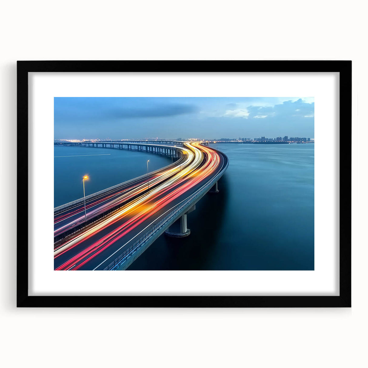 Black landscape bridge frame with matting, showcasing a modern design, front view highlighting its sleek lines and elegant finish, perfect for contemporary decor.