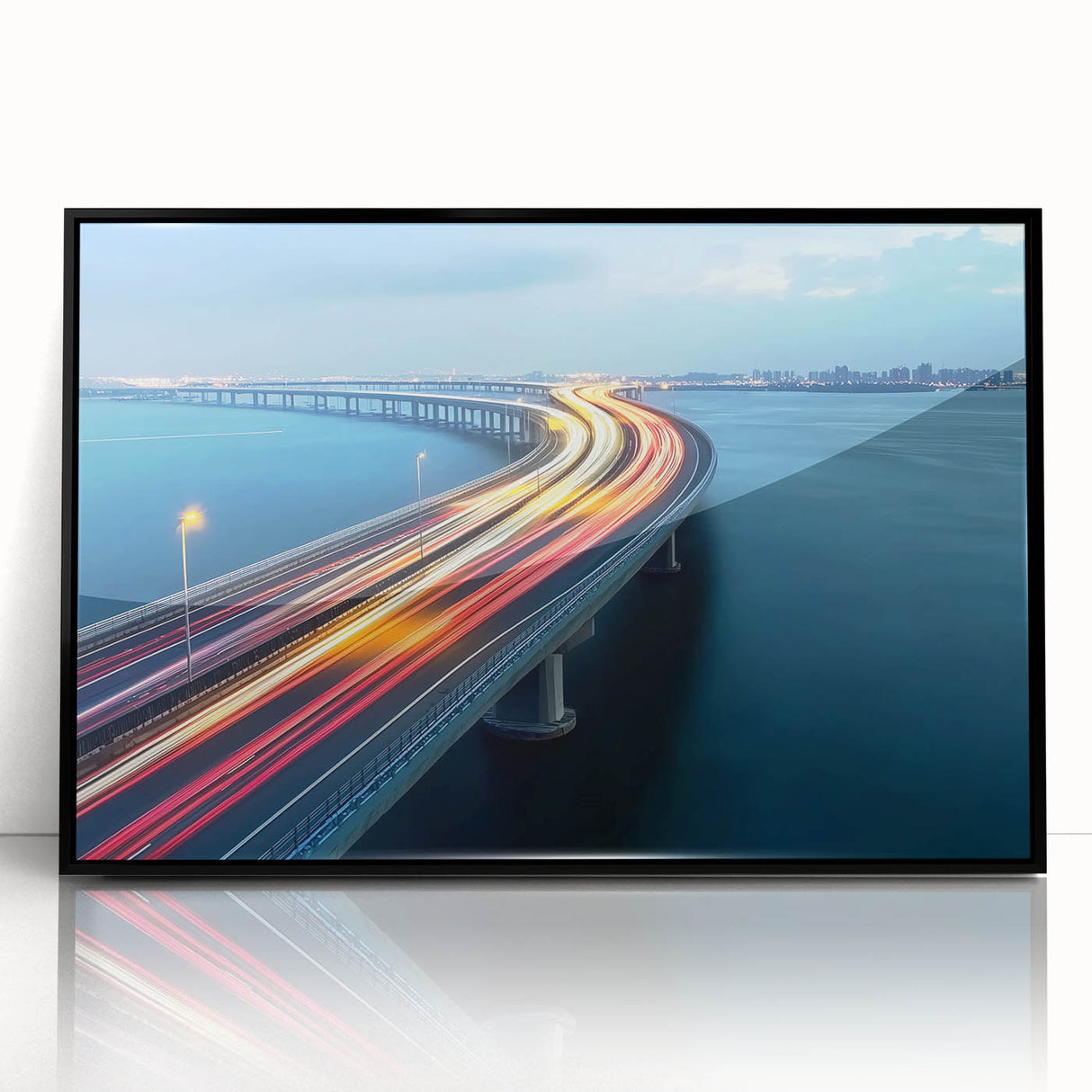 Framed acrylic artwork showcasing a stunning landscape bridge scene in black, featuring intricate details and vibrant colors, ideal for enhancing home decor.