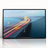 Framed acrylic artwork showcasing a stunning landscape bridge scene in black, featuring intricate details and vibrant colors, ideal for enhancing home decor.