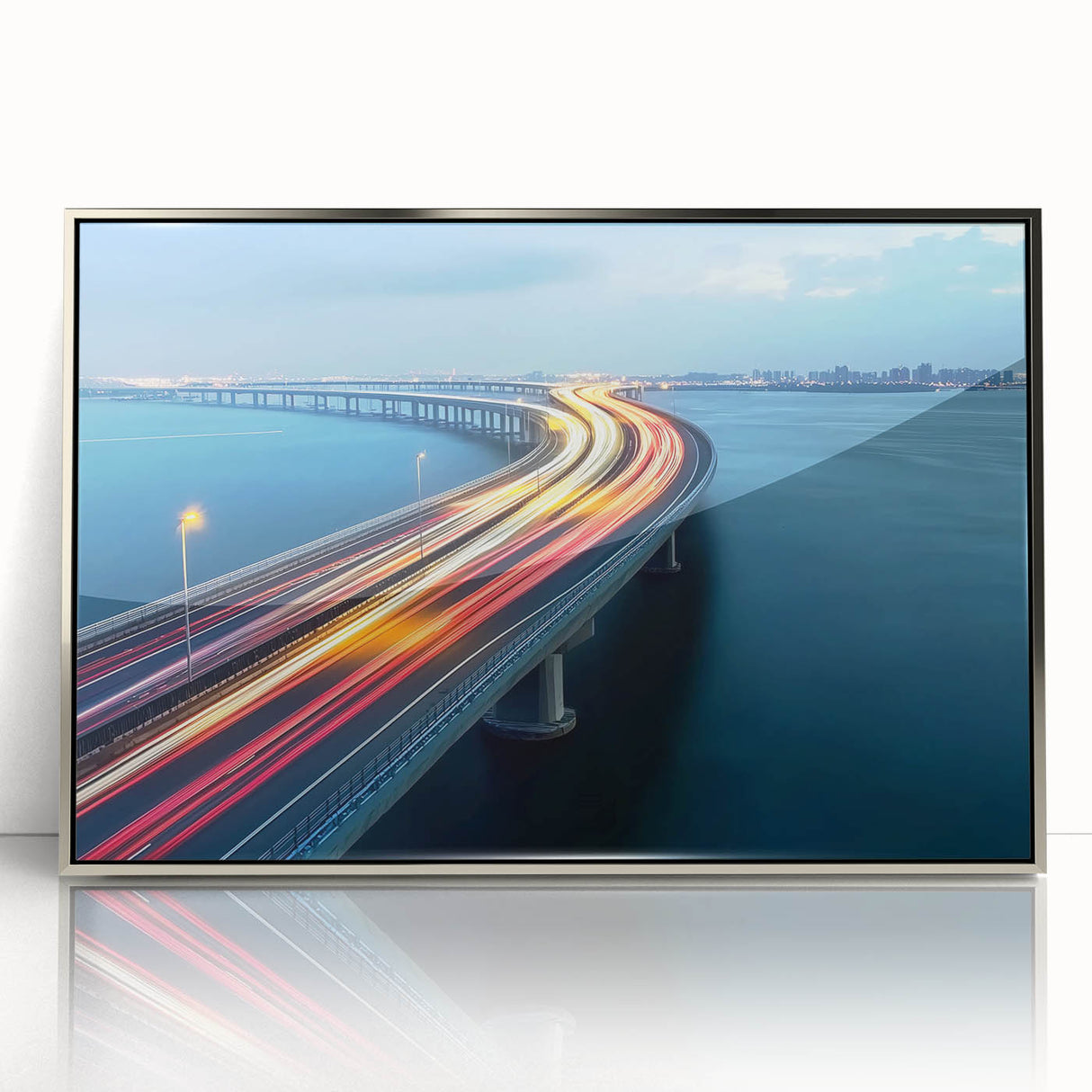 Framed acrylic artwork depicting a striking landscape of a serene bridge surrounded by lush greenery and a vibrant sky, ideal for enhancing modern home décor.