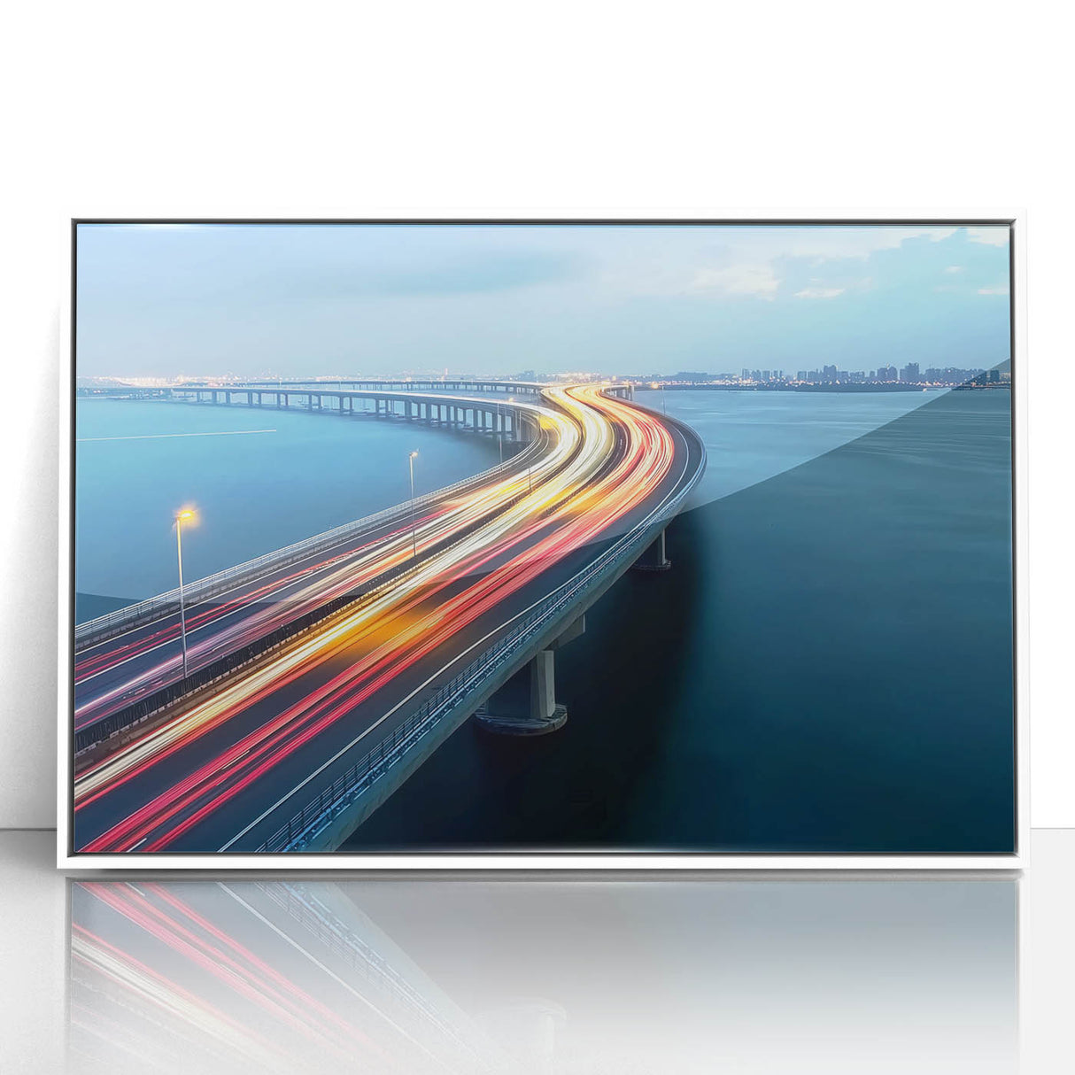 Framed acrylic artwork featuring a serene landscape bridge scene, set against a white background, ideal for modern home decor and art enthusiasts.