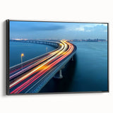 Framed canvas artwork of a landscape bridge in black, showcasing intricate details and textures. Ideal for modern decor, enhancing any living space's aesthetic appeal.