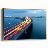 Framed canvas artwork depicting a stunning landscape bridge in vibrant colors, highlighted by a stylish gold frame, perfect for enhancing any modern decor.