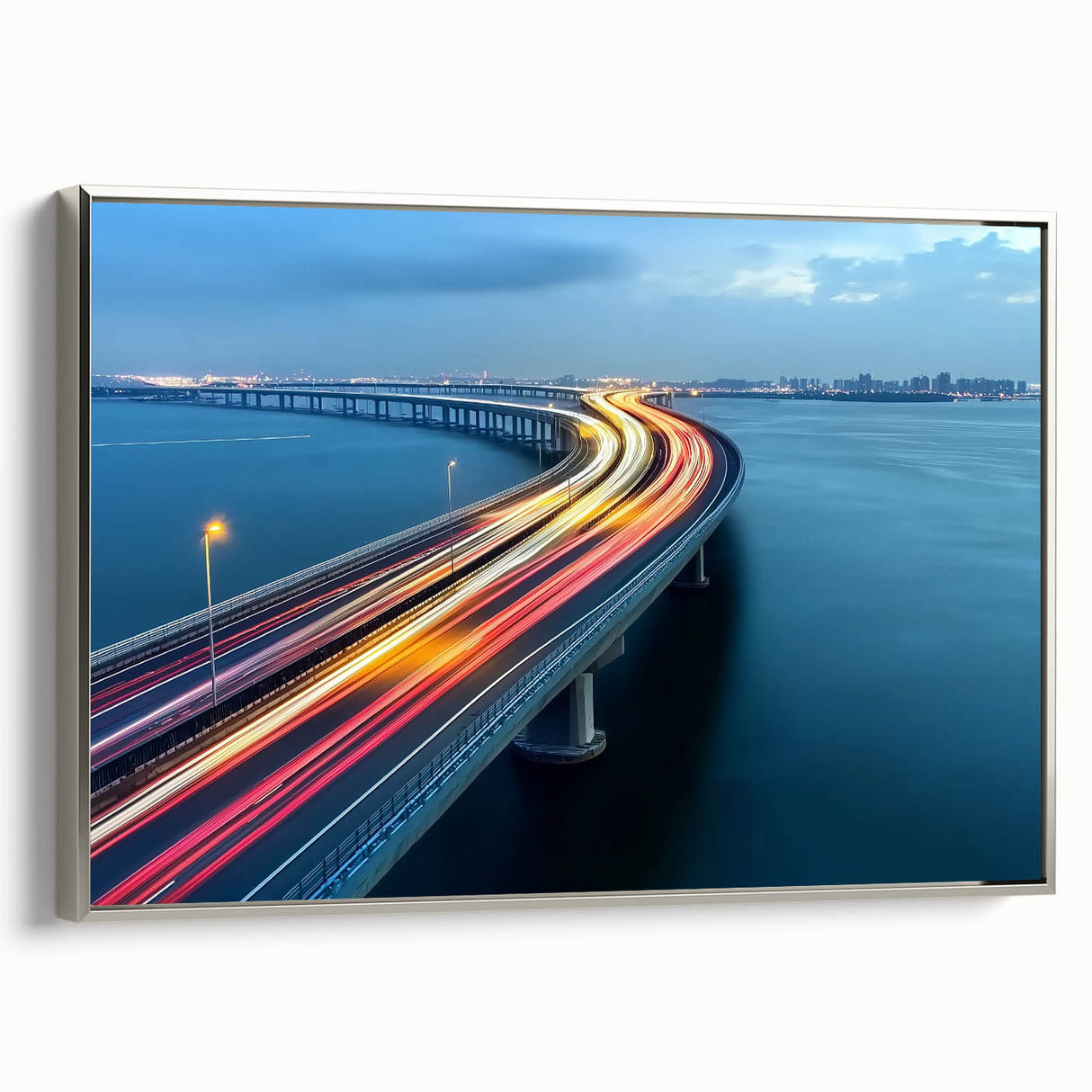 Framed canvas artwork of a serene landscape bridge in silver hues, showcasing intricate details and textures, ideal for home decor and art enthusiasts.