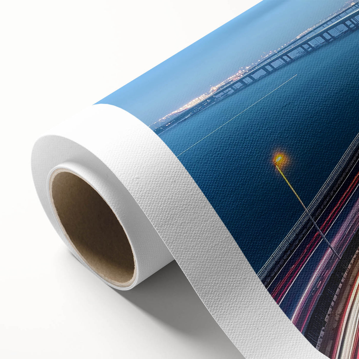 Landscape bridge artwork printed on rolled canvas, showcasing vibrant colors and intricate details of the bridge design, perfect for home decor and art enthusiasts.