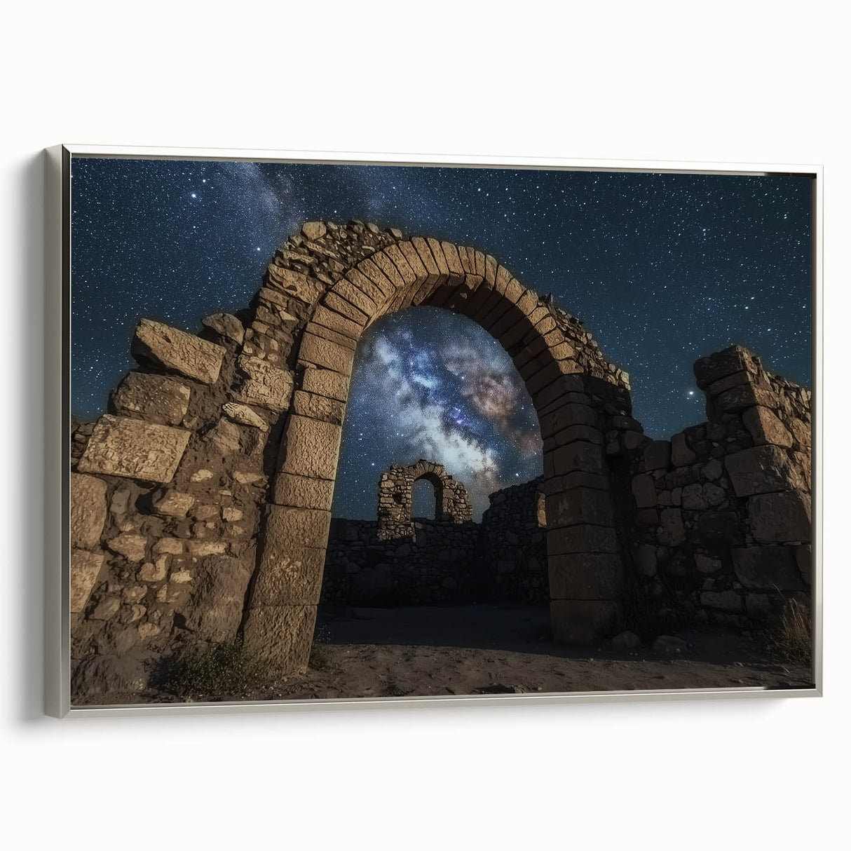 Framed canvas artwork showcasing a stunning landscape of canyons, featuring vibrant colors and intricate details, set against a silver frame for an elegant finish. Perfect for enhancing modern decor.