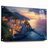 Acrylic glass artwork depicting a serene countryside landscape with vibrant green fields and a blue sky, displayed from a side view with decorative pins.