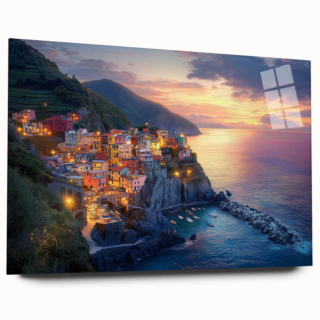 Vibrant acrylic landscape artwork depicting a serene countryside scene with rolling hills and lush greenery, designed for display in modern decor settings.