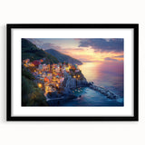 Framed black landscape artwork showcasing a serene countryside scene with a mat border, ideal for home decor and adding a touch of nature to any room.