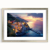 Framed landscape art print featuring a serene countryside scene with rolling hills and lush greenery, presented in a sleek silver mat and frame, ideal for home decor.