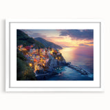 Framed landscape artwork of a serene countryside scene, featuring vibrant greens and soft blues, elegantly matted in white for a classic presentation.