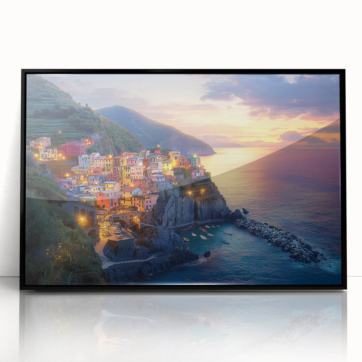 Framed acrylic landscape artwork depicting a serene countryside scene, showcasing vibrant greens and blues, with a sleek black frame enhancing its modern aesthetic. Perfect for home decor enthusiasts seeking nature-inspired elegance.