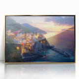 Framed acrylic artwork depicting a serene countryside landscape with rolling hills and vibrant green fields, accented by a luxurious gold frame for an elegant finish.