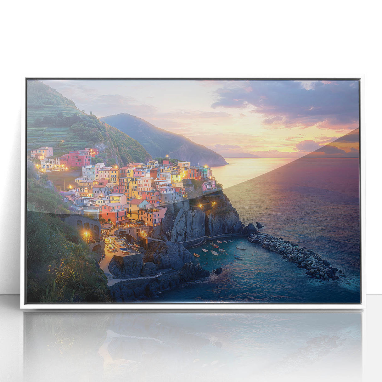 Framed acrylic artwork depicting a serene countryside landscape with rolling hills and lush greenery, showcased in a sleek white frame, perfect for enhancing home decor.